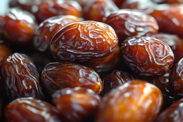 Pile of glossy wrinkled brown dried dates with caramelized highlights in close-up.