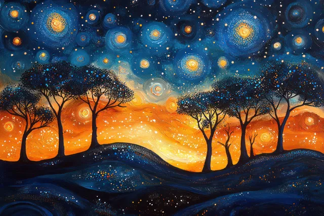 Aboriginal dot painting night sky with glowing stars and silhouetted trees