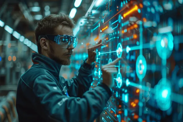 Engineer in a control room pointing at a glowing data diagram overlay on a transparent display.