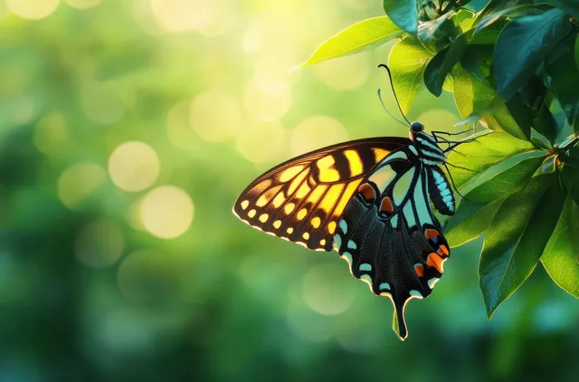 Swallowtail butterfly resting on green leaves with warm glowing bokeh background.