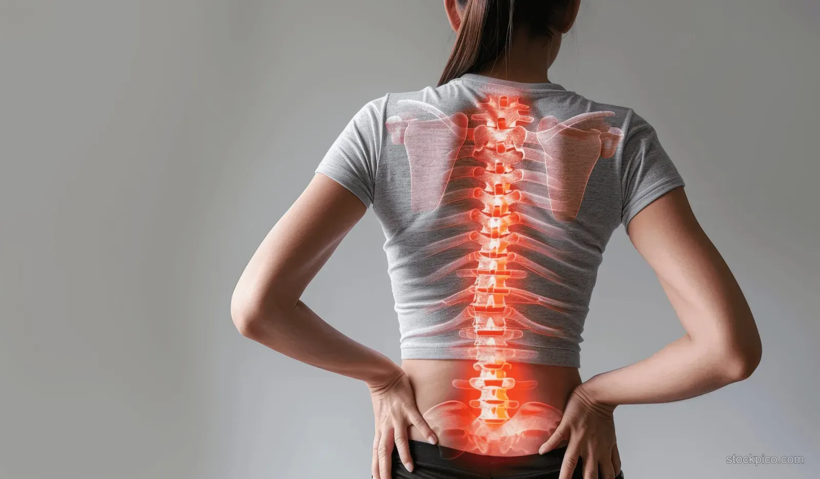Woman holding her lower back while a glowing spine overlay shows lumbar pain.