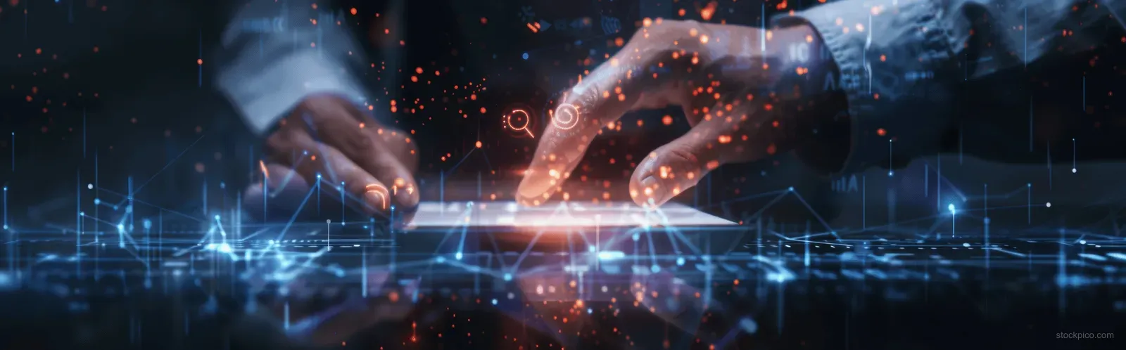 Hands touching a glowing digital network interface on a dark background.