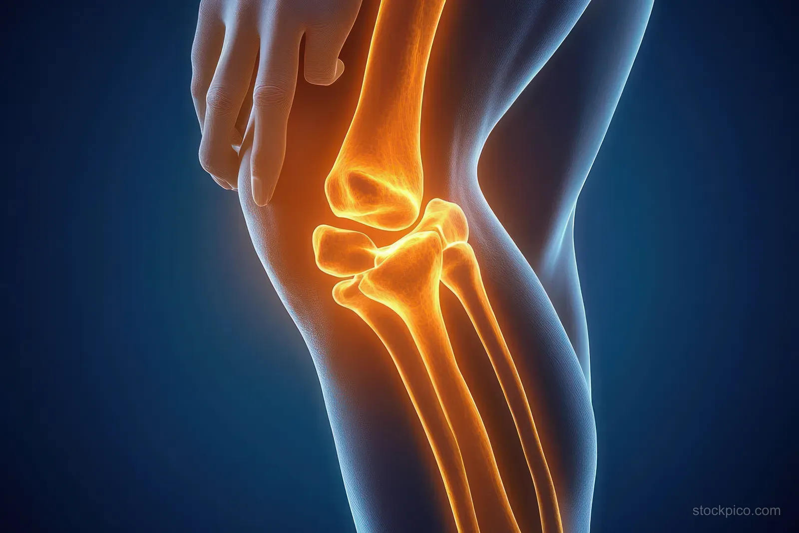 Orange glowing knee joint anatomy illustration with a hand resting on the thigh over a dark background.