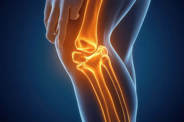 Orange glowing knee joint anatomy illustration with a hand resting on the thigh over a dark background.