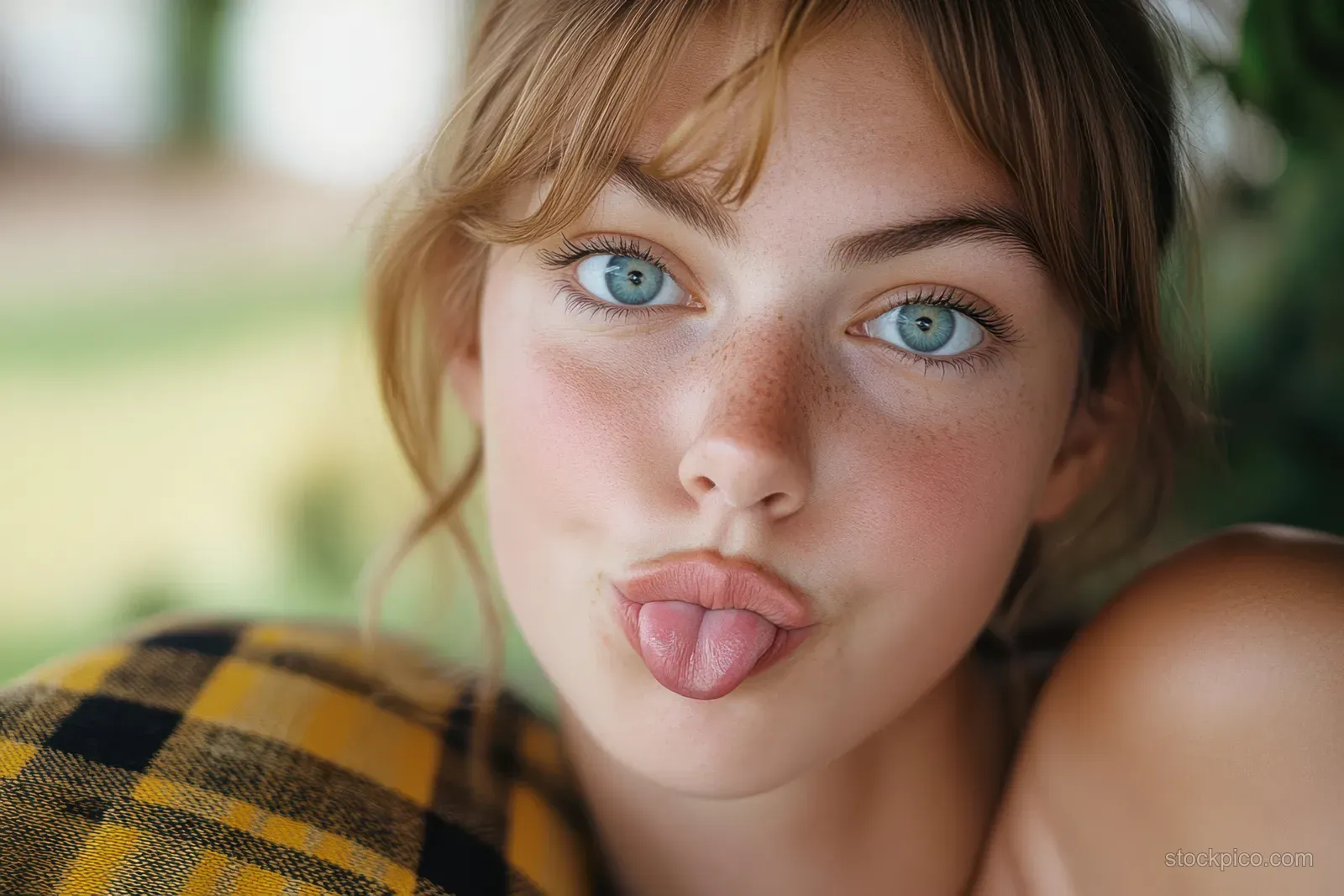 Young woman with freckles and blue eyes playfully sticks out her tongue in an outdoor close-up with a blurred green background.
