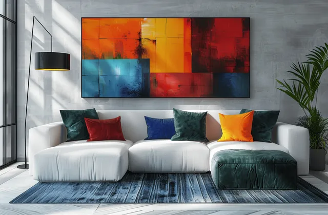 Minimalist white living room with abstract wall art, colorful cushions, and a black floor lamp.