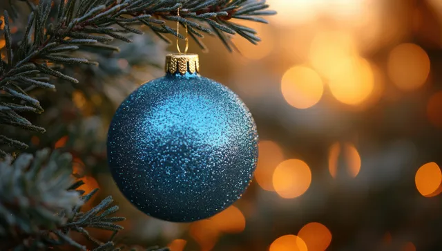 Blue Christmas ornament hangs on a pine branch with warm glowing bokeh lights behind it.