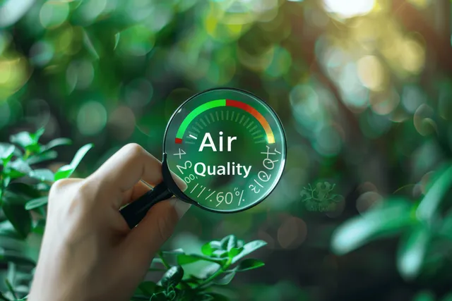 Hand holding a magnifying glass over an air quality meter with green leaves blurred in the background.