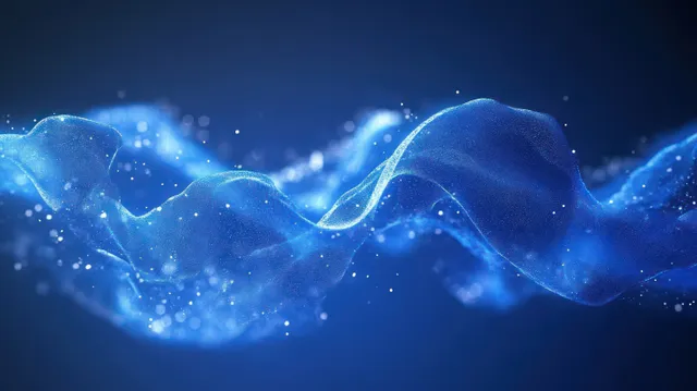 A glowing blue abstract wave with floating particle lights moves across a dark blue gradient background.