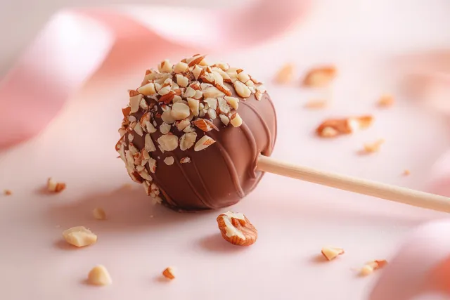 Chocolate-coated cake pop on a stick with chopped nuts and crumbs scattered on a soft pink background.