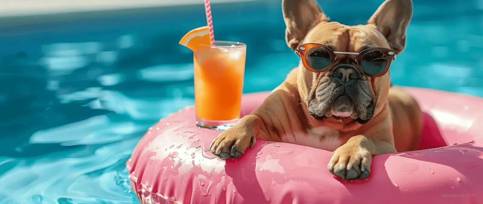 French bulldog wearing sunglasses lounges on a pink inflatable ring in a pool while holding a cocktail cup.