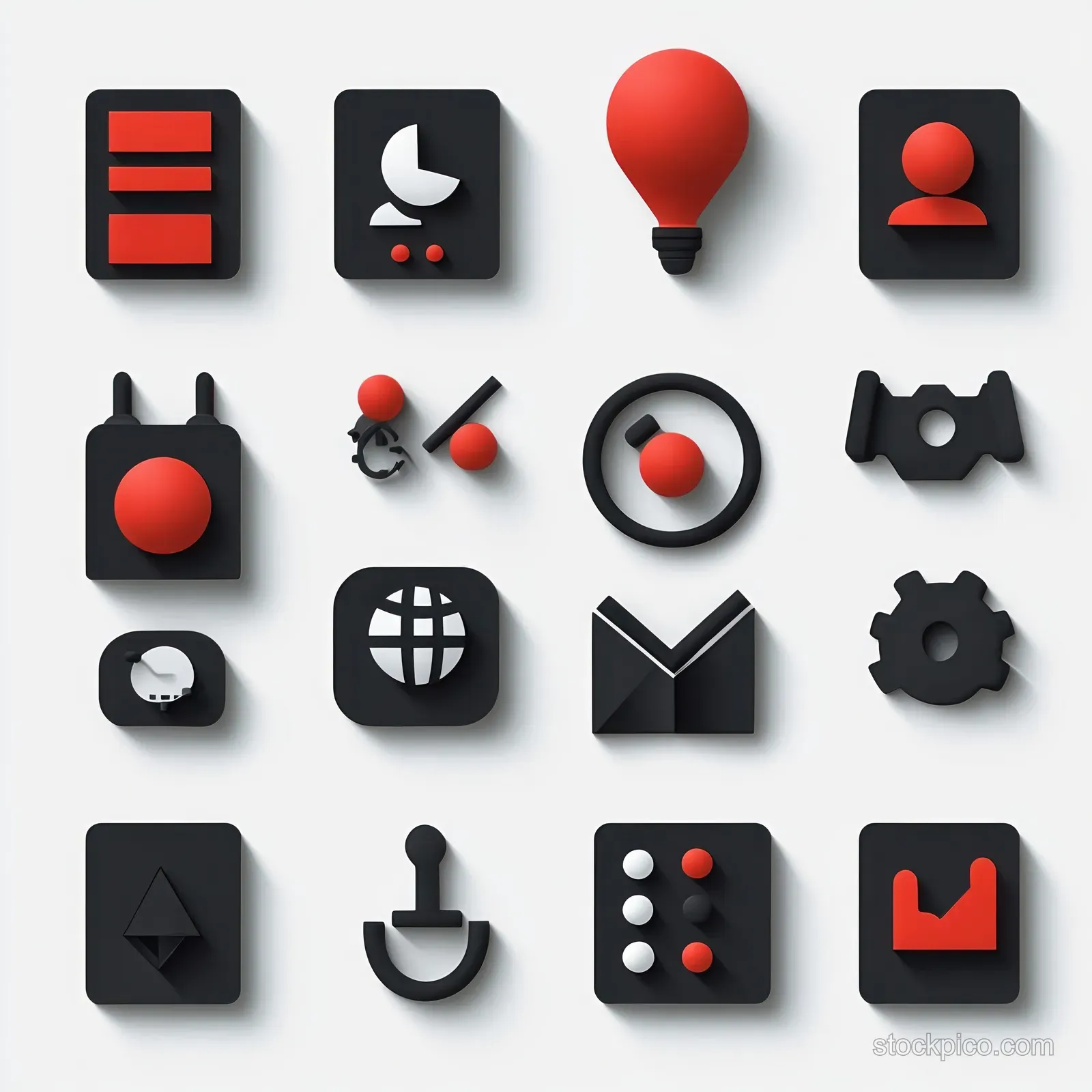 A grid of black and red 3D technology icons on a white background with soft shadows.