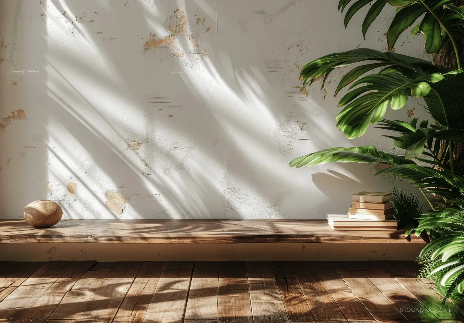 Empty wooden table with books and palm leaves beside a white wall with sunlit shadow patterns.
