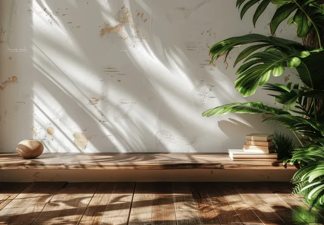 Empty wooden table with books and palm leaves beside a white wall with sunlit shadow patterns.