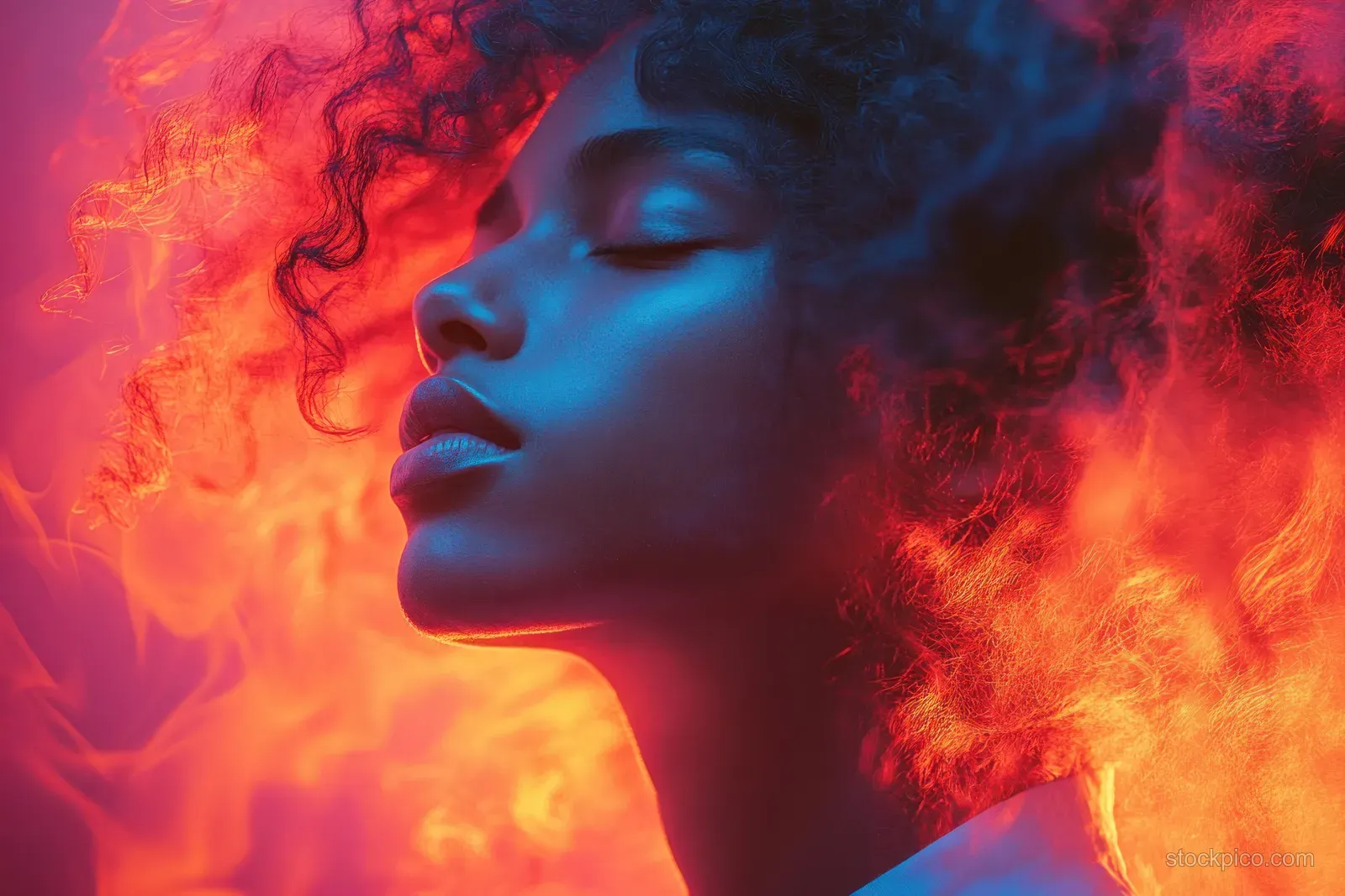 A joyful woman dancing against a white wall with red and orange smoke effects around her face.