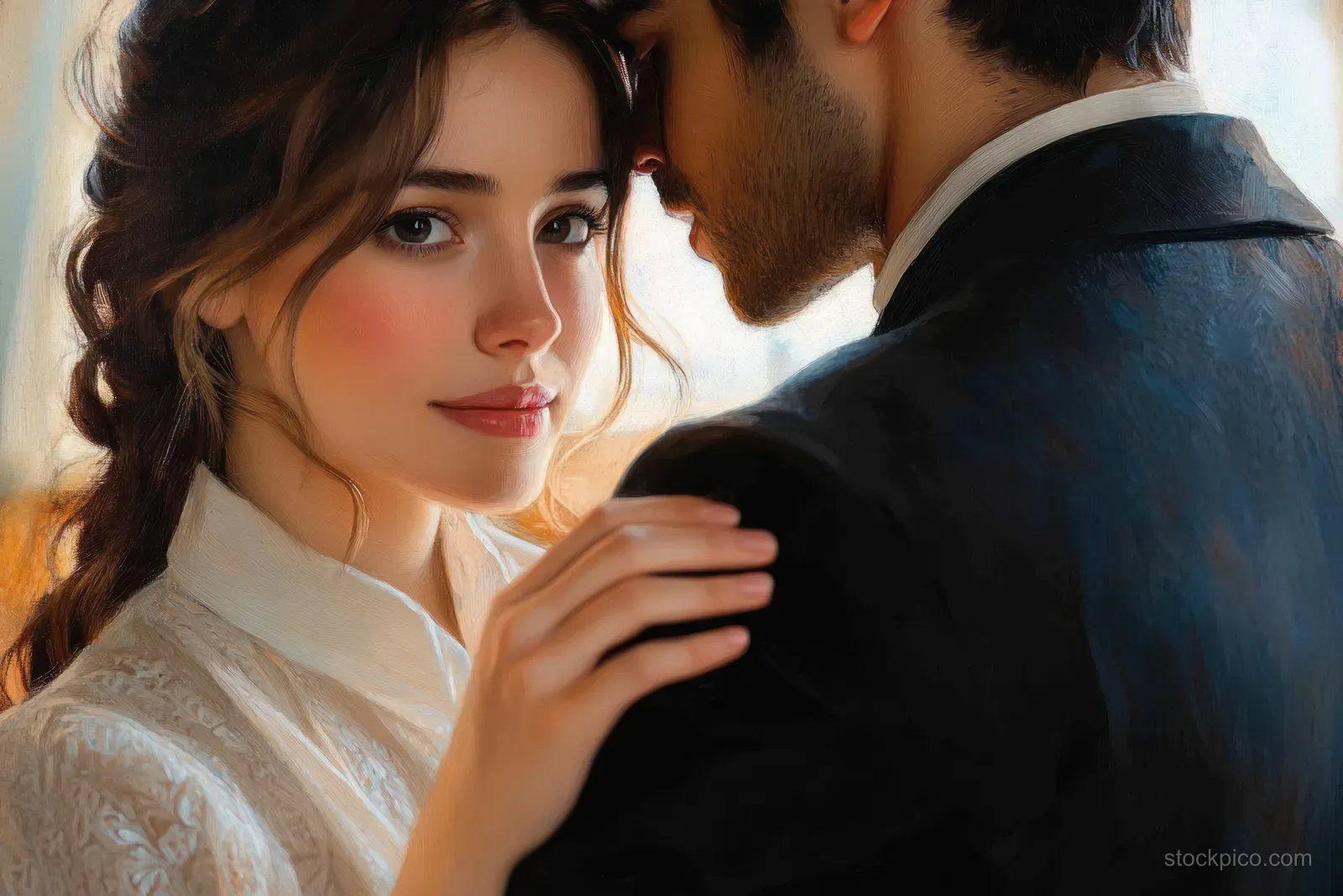 Romantic couple in a close embrace, woman gazing at the camera while her partner leans in.