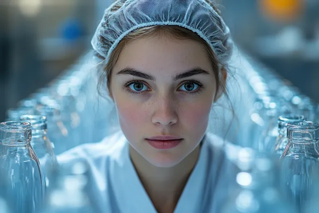 Laboratory worker in lab coat and hairnet inspecting glass bottles on a factory line