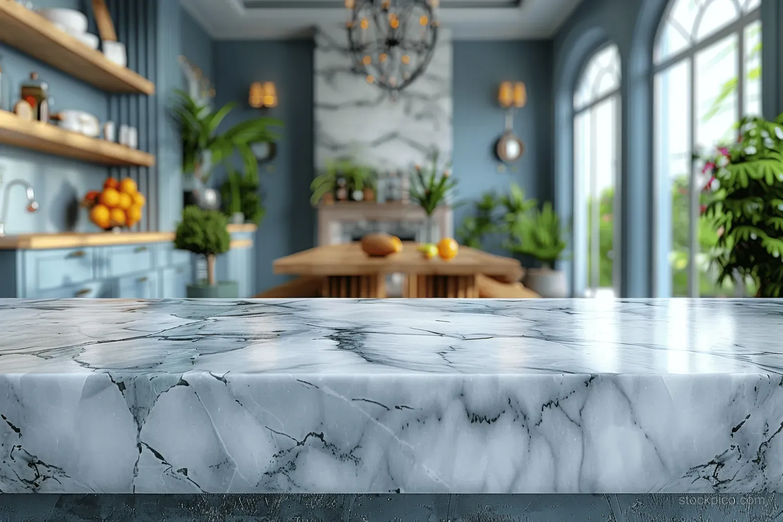 White marble countertop in a blue and white kitchen, with a blurred dining table and large window behind it.