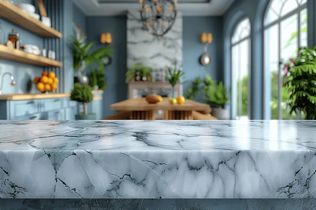 White marble countertop in a blue and white kitchen, with a blurred dining table and large window behind it.