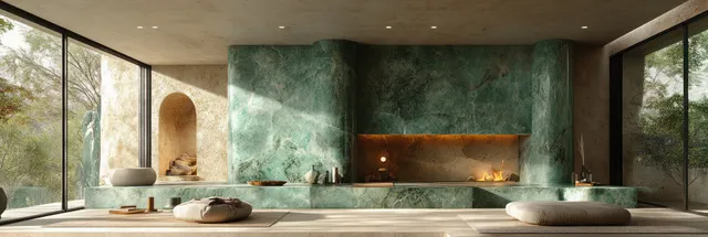 Minimalist green marble wall interior with warm ambient lighting and polished stone bench