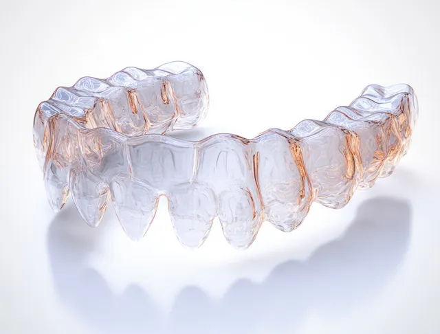 Férula dental transparente con formas de dientes moldeadas visibles, colocada sobre un fondo blanco limpio.