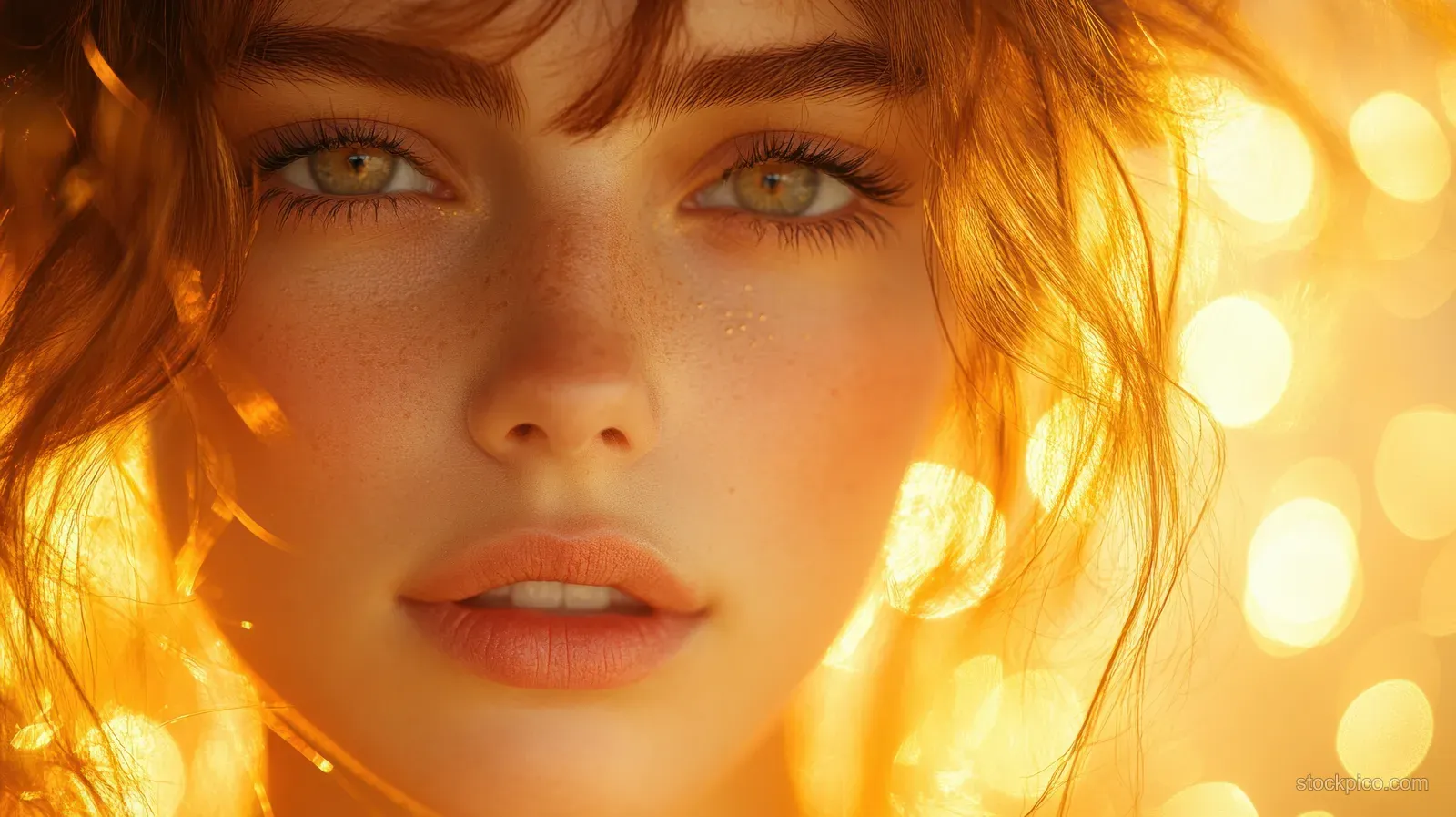 Woman applying gold shimmer makeup with a fine brush on her eyelid and lashes in warm soft light.