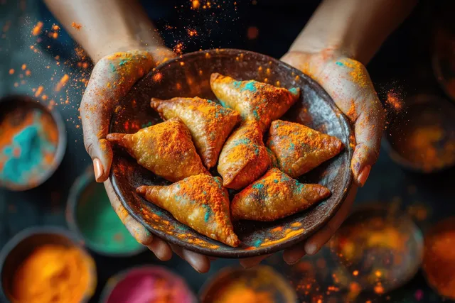 Hands hold a clay bowl of triangular pastries dusted with bright colored powder over a dark blurred background.