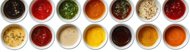 Overhead view of assorted colorful sauces and dips in small white cups arranged in a neat row.