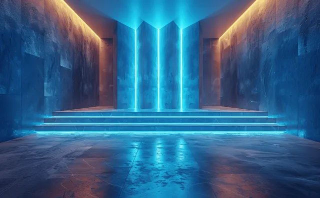 Blue corridor interior with glowing vertical light columns, angled light rays, and a reflective floor.