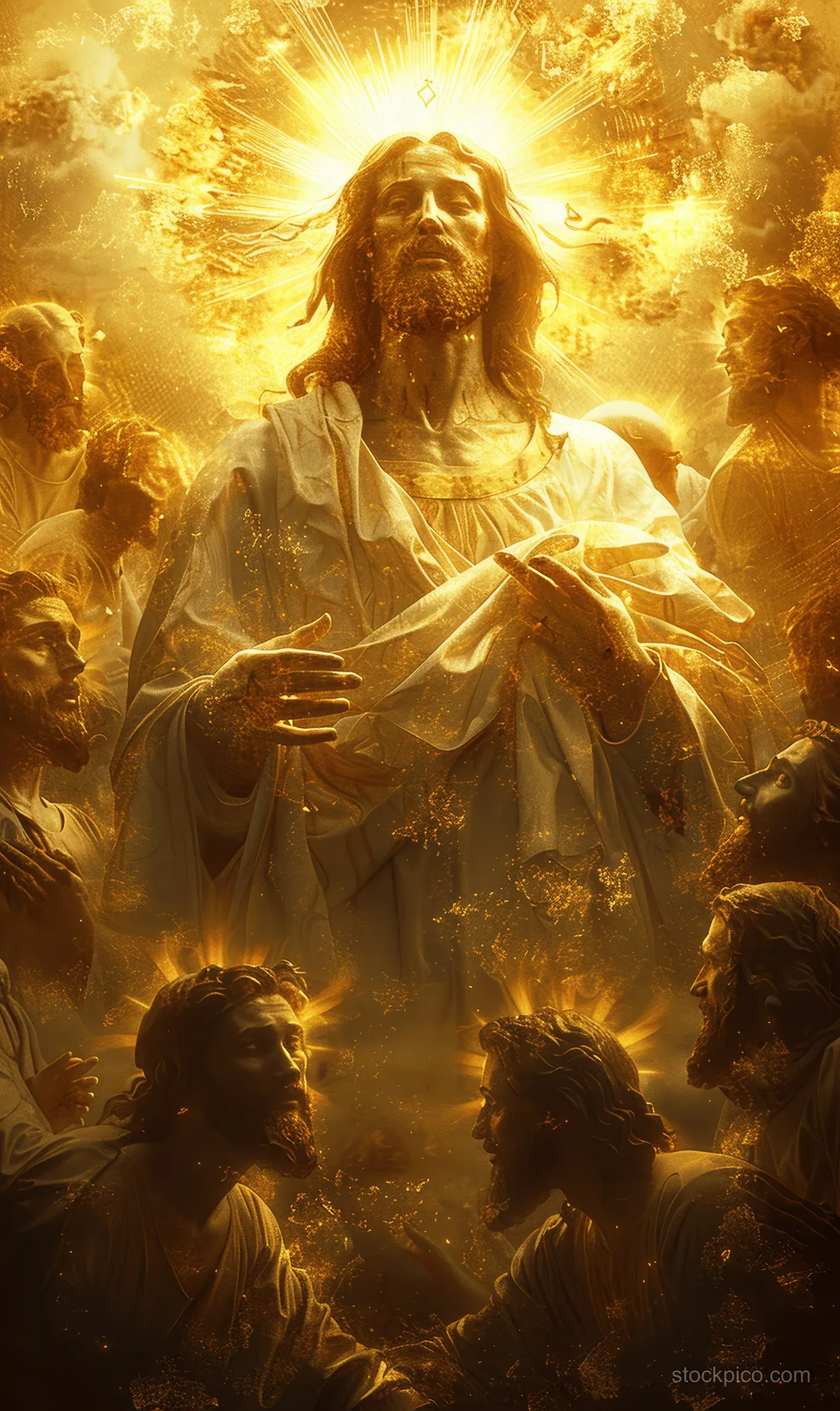 Jesus stands in glowing golden light holding a luminous sacred heart as clouds swirl around him.