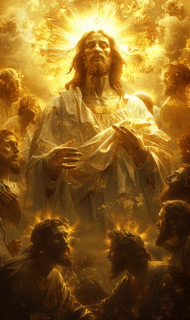 Jesus in radiant golden light holding a glowing sacred heart amid swirling clouds with Easter Season Imagery