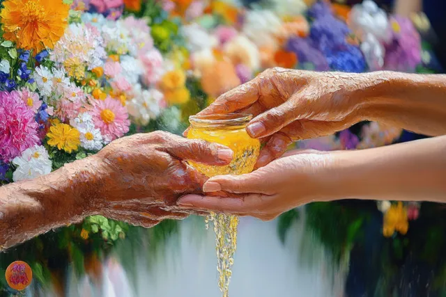 Two people’s hands pour water from a small glass jar while colorful flowers fill the background.