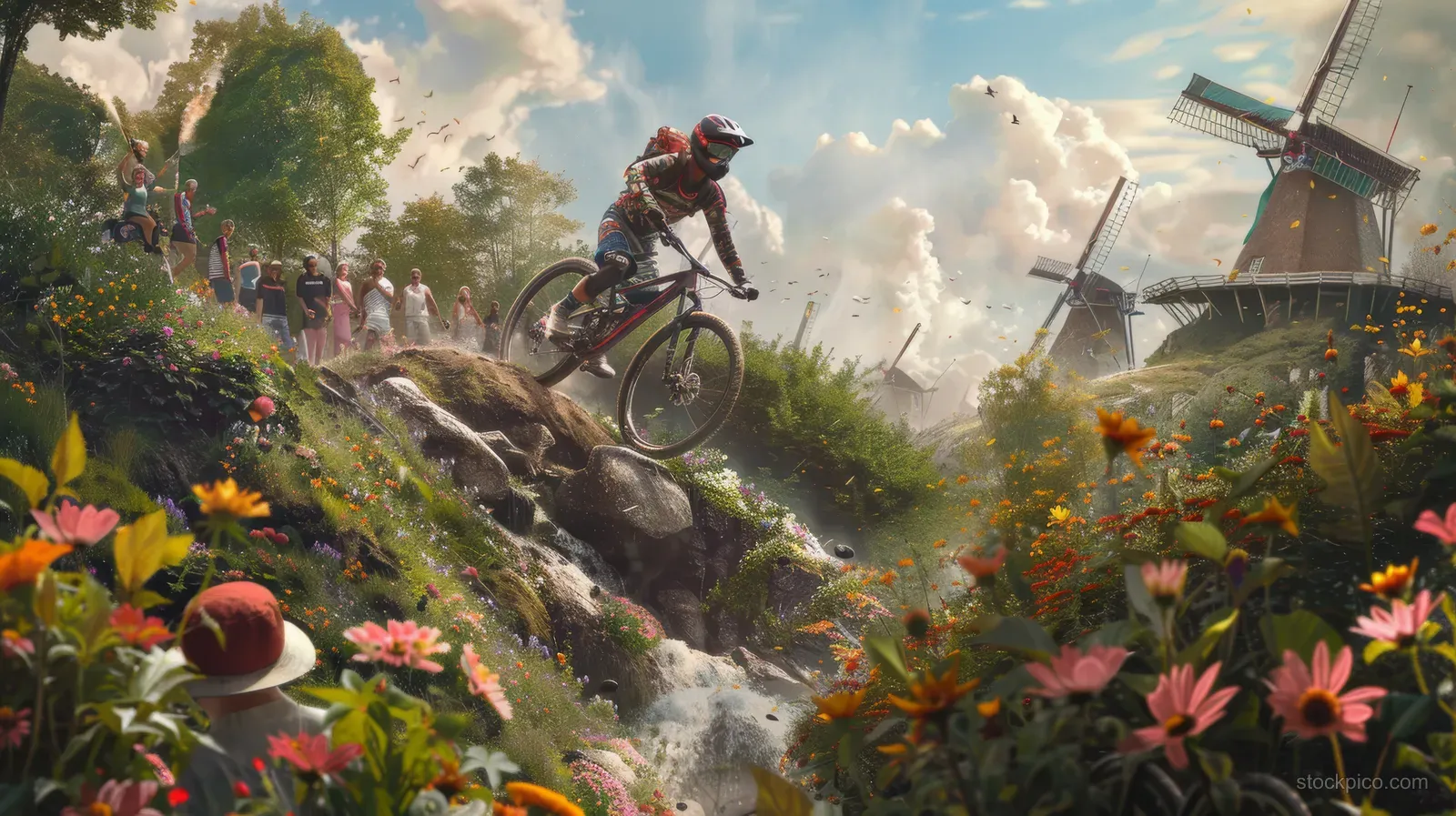 A Dutch mountain biker jumps a rocky trail through a flower-filled hillside while windmills and spectators appear behind.