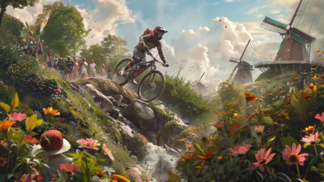 A Dutch mountain biker jumps a rocky trail through a flower-filled hillside while windmills and spectators appear behind.