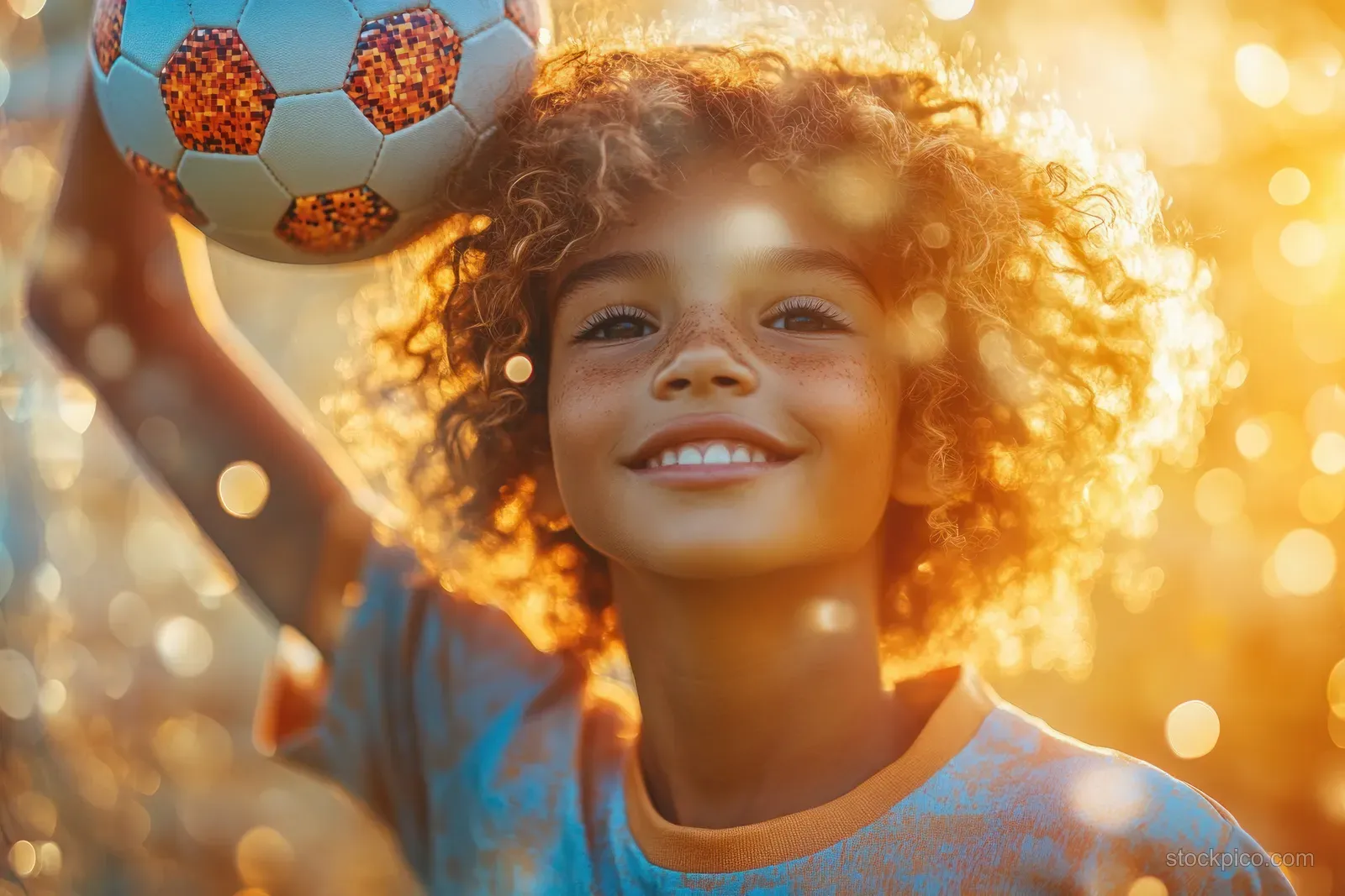 Smiling curly-haired child holds a soccer ball with warm golden sunlight and bokeh background.