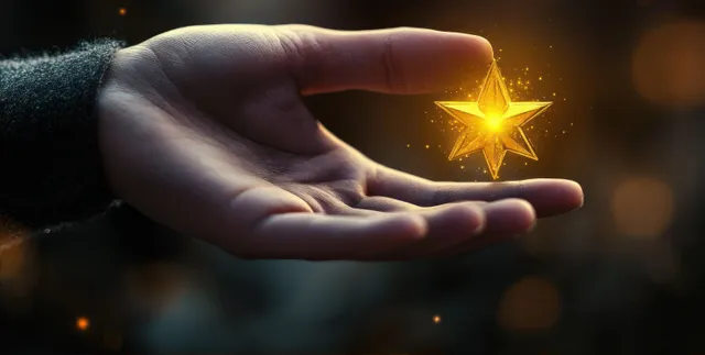 Gentle hands cradle a glowing golden star, scattering warm light particles in darkness