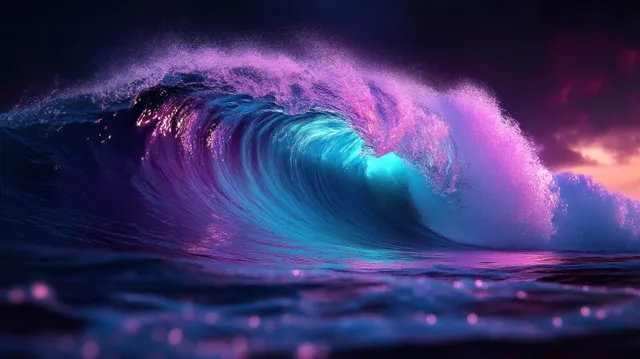 Large ocean wave curls and glows blue and purple under a dramatic dusk sky.
