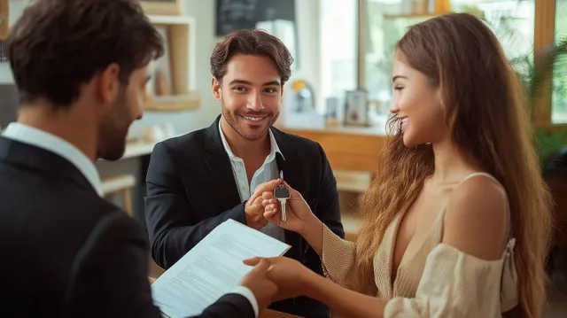 A real estate agent hands keys to a smiling couple while they review contract documents in an office.