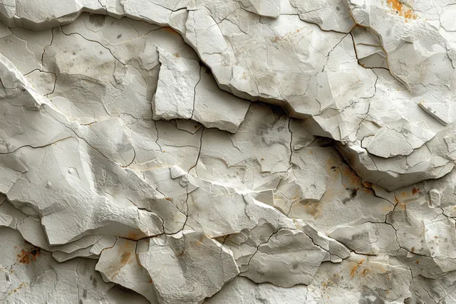 Close-up of a weathered beige stone wall with cracked plaster and faint warm stains.