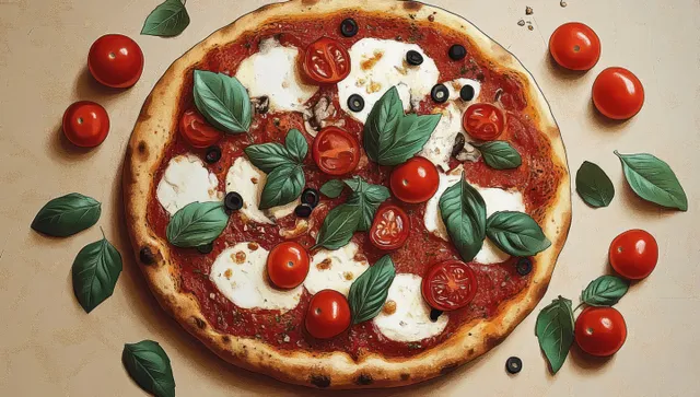 A Margherita pizza topped with cherry tomatoes, basil leaves, olives, and melted cheese on a light tabletop with scattered ingredients.