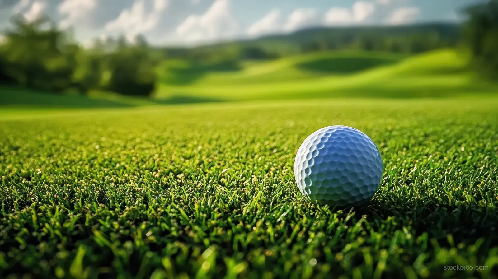 A white golf ball sits on green grass with a blurred golf course in the background.