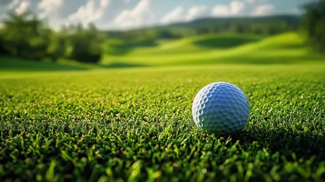 A white golf ball sits on green grass with a blurred golf course in the background.