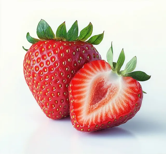 Fresh ripe strawberry and half-cut berry showing juicy red interior and seeds isolated on a white background.