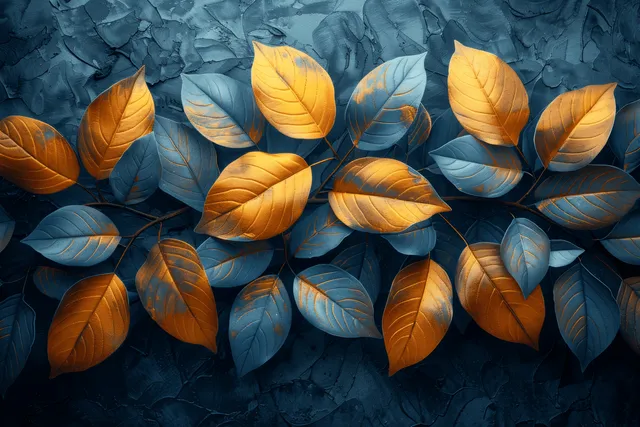 Gold and teal autumn leaves scattered over a dark grey watercolor textured background.