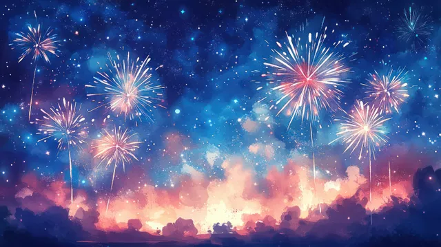 Fireworks burst above a night skyline with watercolor clouds and pastel starry sky