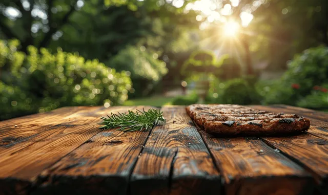 Empty wooden table in sunny backyard garden with blurred barbecue scene
