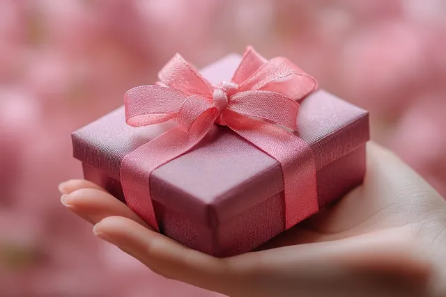 A hand cradles a maroon gift box with a satin ribbon bow against a blurred background.