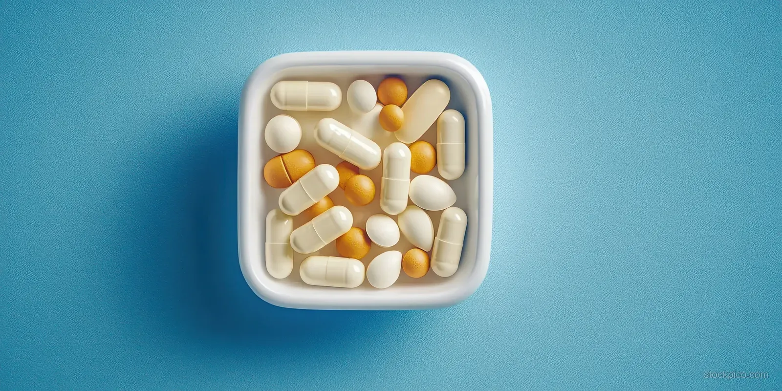 Assorted white and orange pills and capsules are visible inside a small square container on a textured blue background.