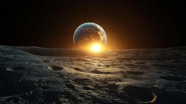Earth rises over a rugged Moon surface at sunset, casting long shadows against a dark starry sky.