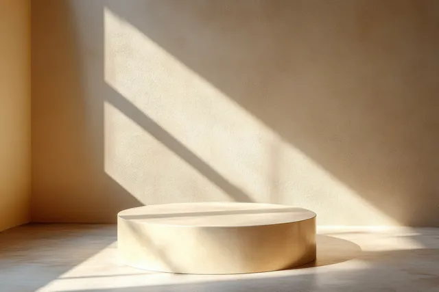 Beige round pedestal in an empty textured room, illuminated by warm sunlight and casting long shadows.